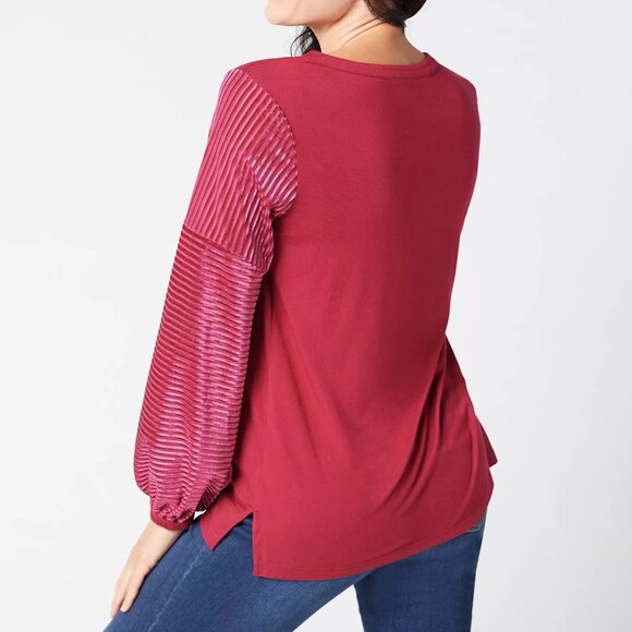 Belle by Kim Gravel 4X Red V-Neck Shadow Stripe Velvet Poet Sleeve Knit Top Plus - Picture 2 of 7